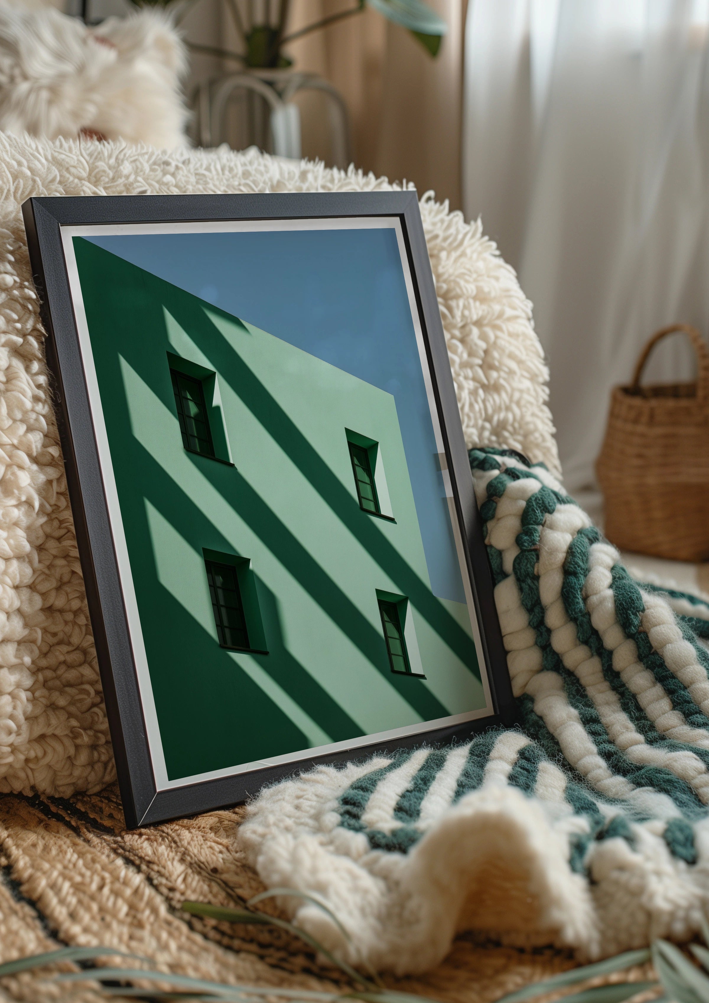 Green Architecture Shadow Poster, Minimalist Building Wall Art, Modern Print