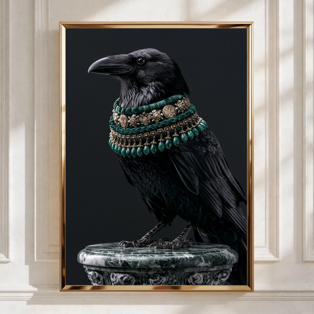 Raven With Green Jewelled Necklace Wall Art Poster, Dark Gothic Bird Print