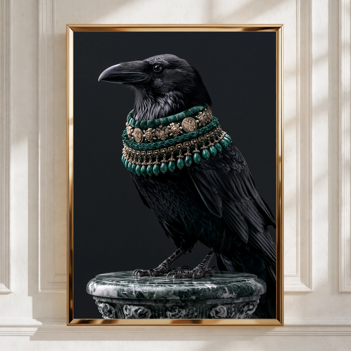 Raven With Green Jewelled Necklace Wall Art Poster, Dark Gothic Bird Print