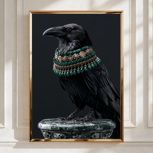 Raven With Green Jewelled Necklace Wall Art Poster, Dark Gothic Bird Print