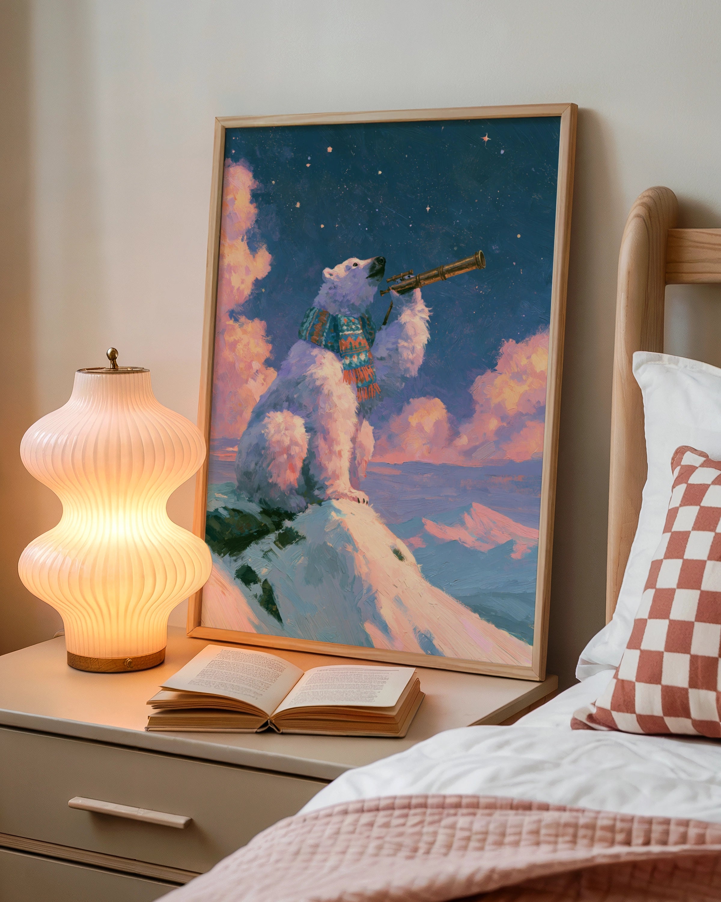 Polar Bear Stargazing Poster, Arctic Night Sky, Whimsical Animal Wall Art