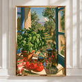 Italian Kitchen Window Poster, Tuscan Still Life, Olive Oil Basil Art Print