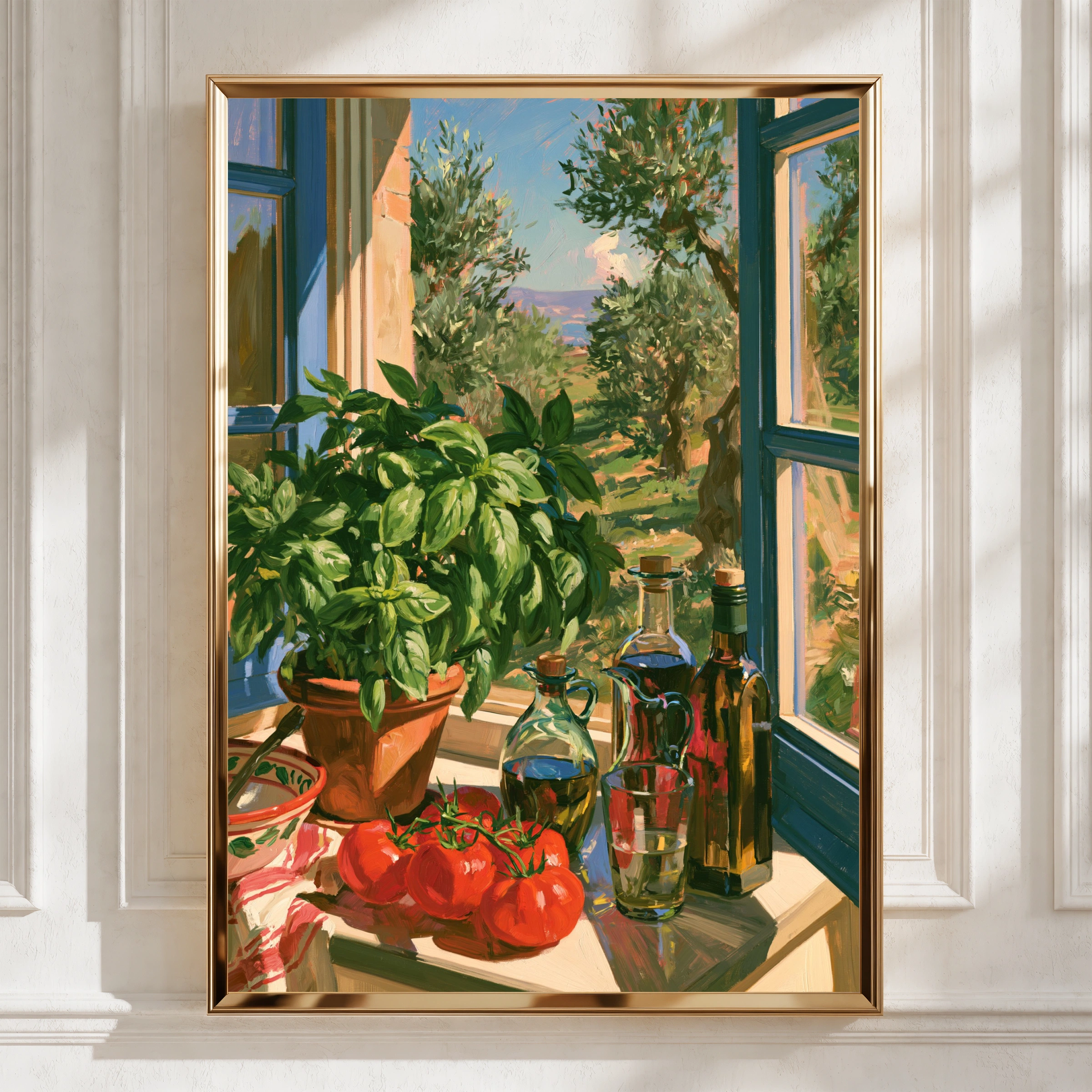 Italian Kitchen Window Poster, Tuscan Still Life, Olive Oil Basil Art Print