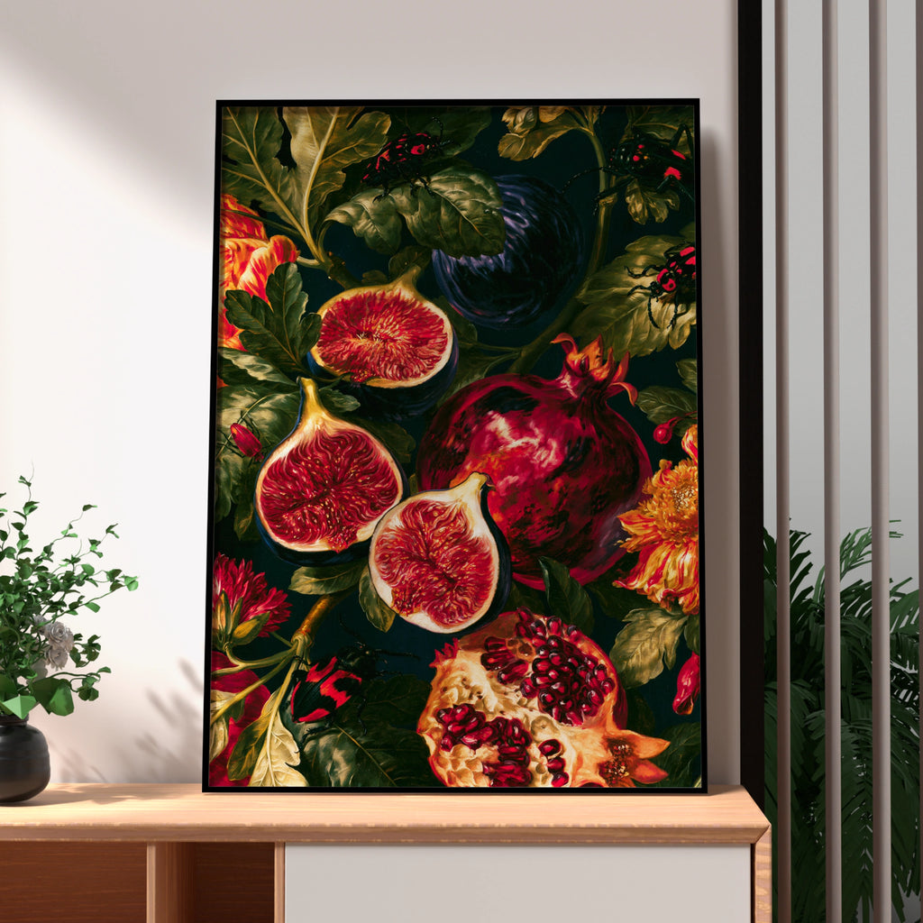 Figs & Pomegranate Still Life Poster, Dark Botanical Wall Art Print