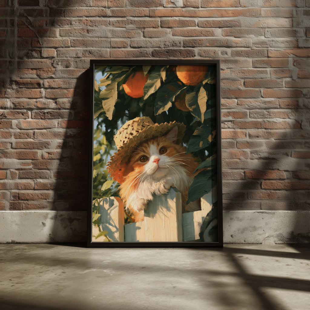 Cat in Straw Hat Orange Tree Garden Poster, Painterly Wall Art