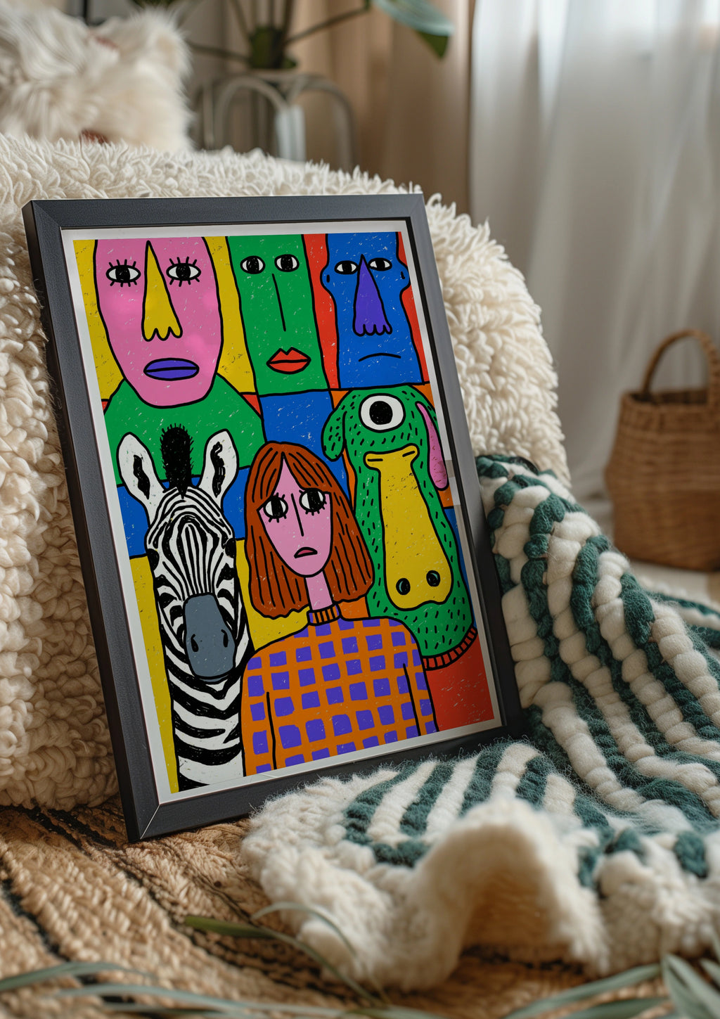 Colourful Abstract Faces Poster, Zebra Girl Monster Wall Art, Bold Drawing