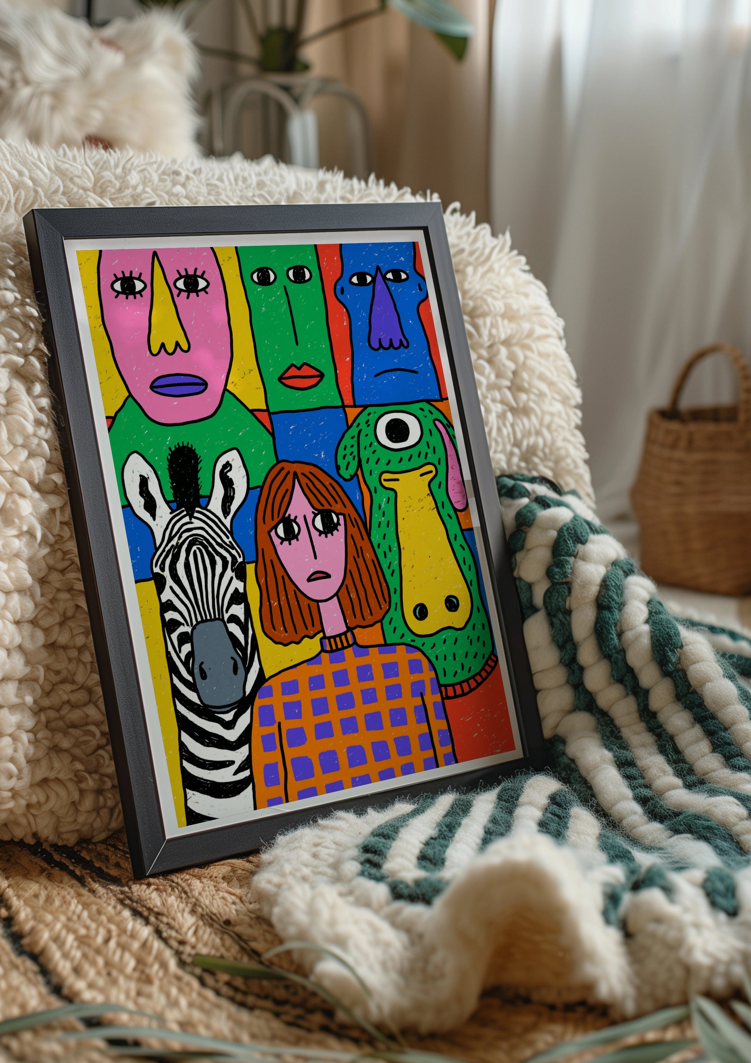 Colourful Abstract Faces Poster, Zebra Girl Monster Wall Art, Bold Drawing