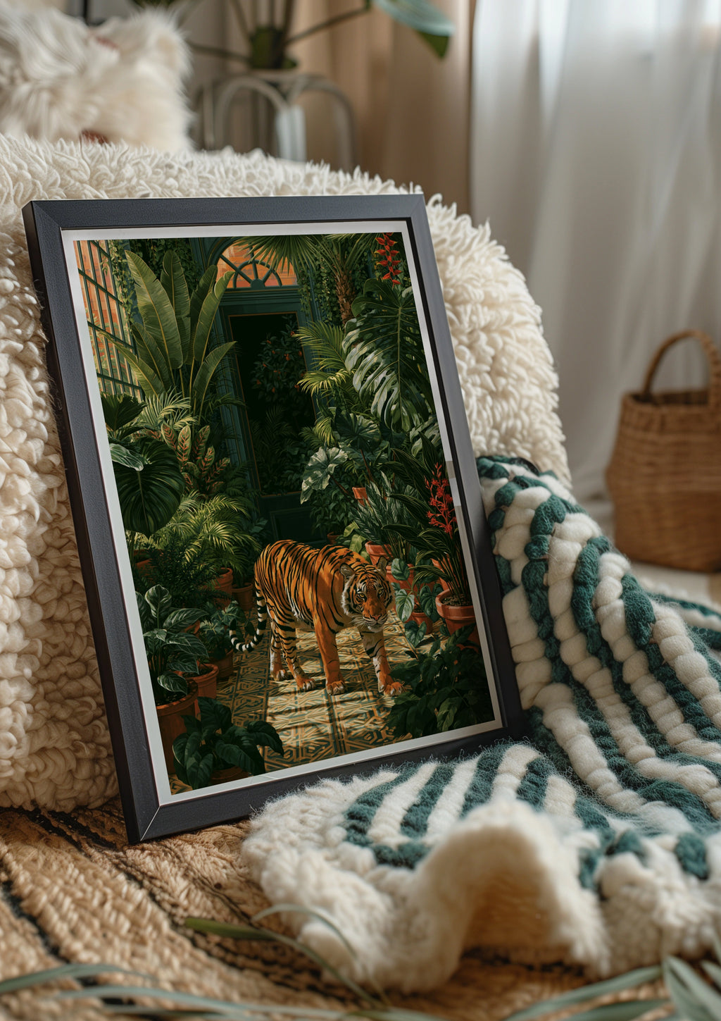 Tiger in Greenhouse Poster, Tropical Botanical Wall Art, Jungle Print