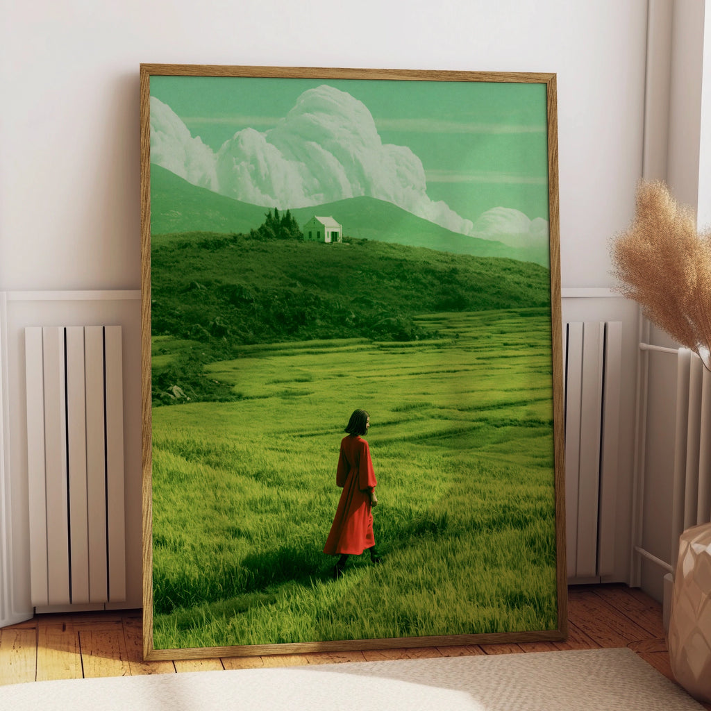 Woman in Red Coat Green Field Wall Art Poster, Surreal Landscape Print