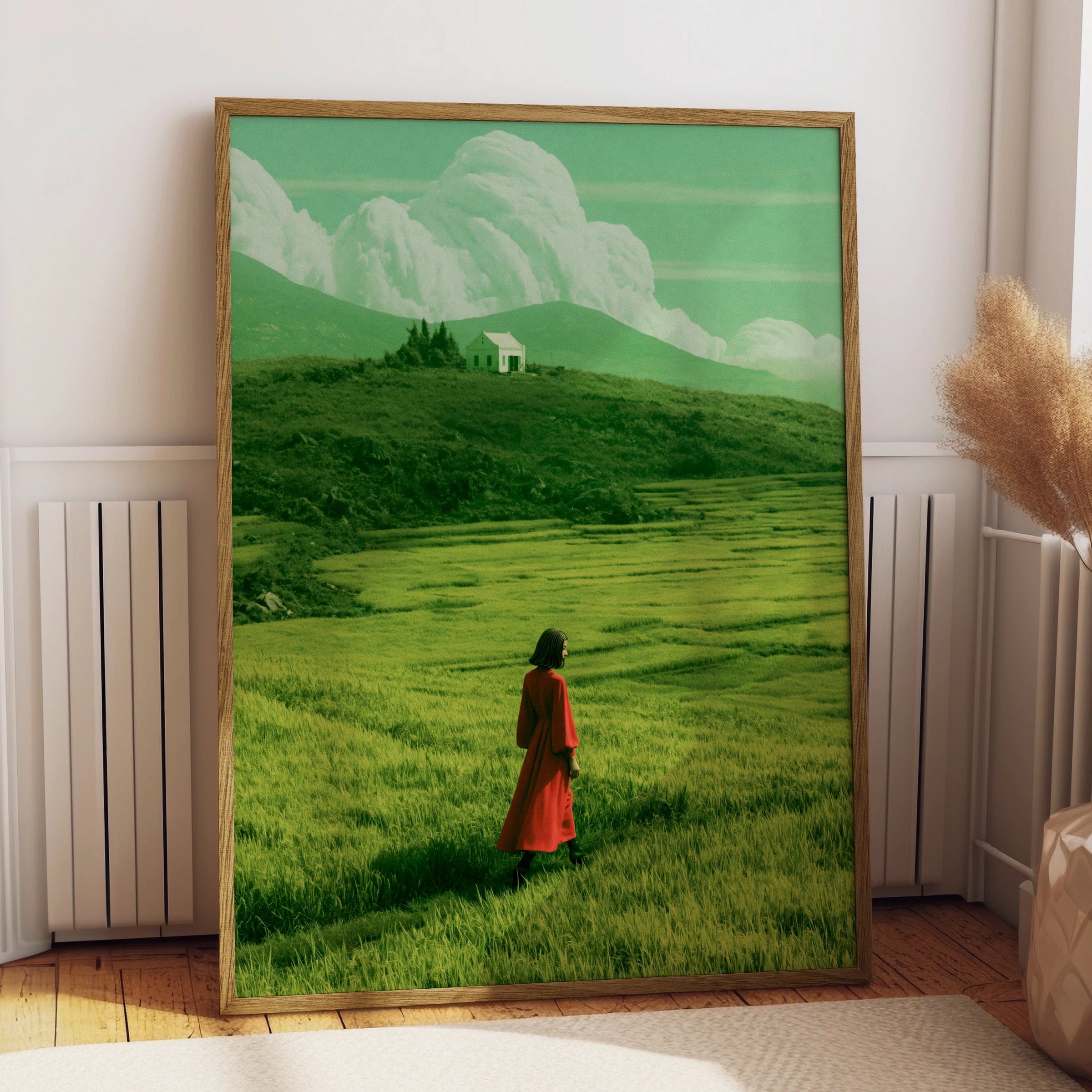 Woman in Red Coat Green Field Wall Art Poster, Surreal Landscape Print
