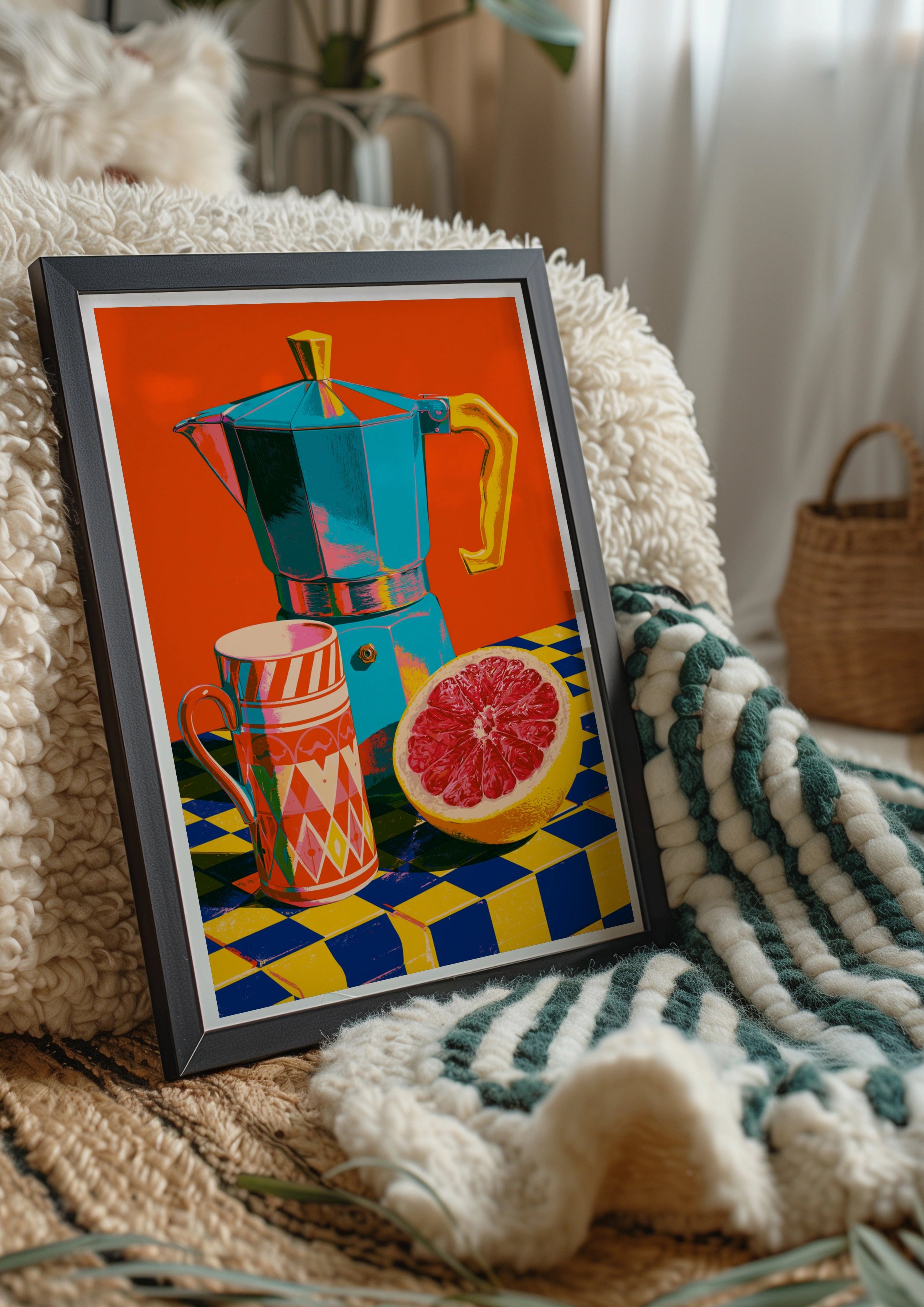Moka Pot Coffee Print, Bold Pop Art Kitchen Poster, Colourful Still Life