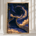 Stairway to Heaven Poster, Celestial Galaxy Art, Navy Blue Gold Print