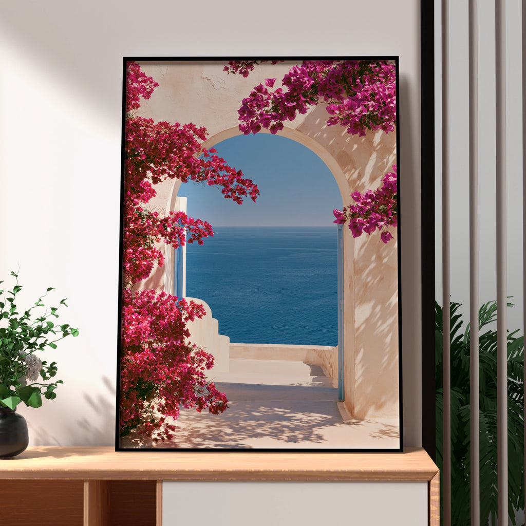 Mediterranean Arch Bougainvillea Sea View Poster, Greek Island Wall Art