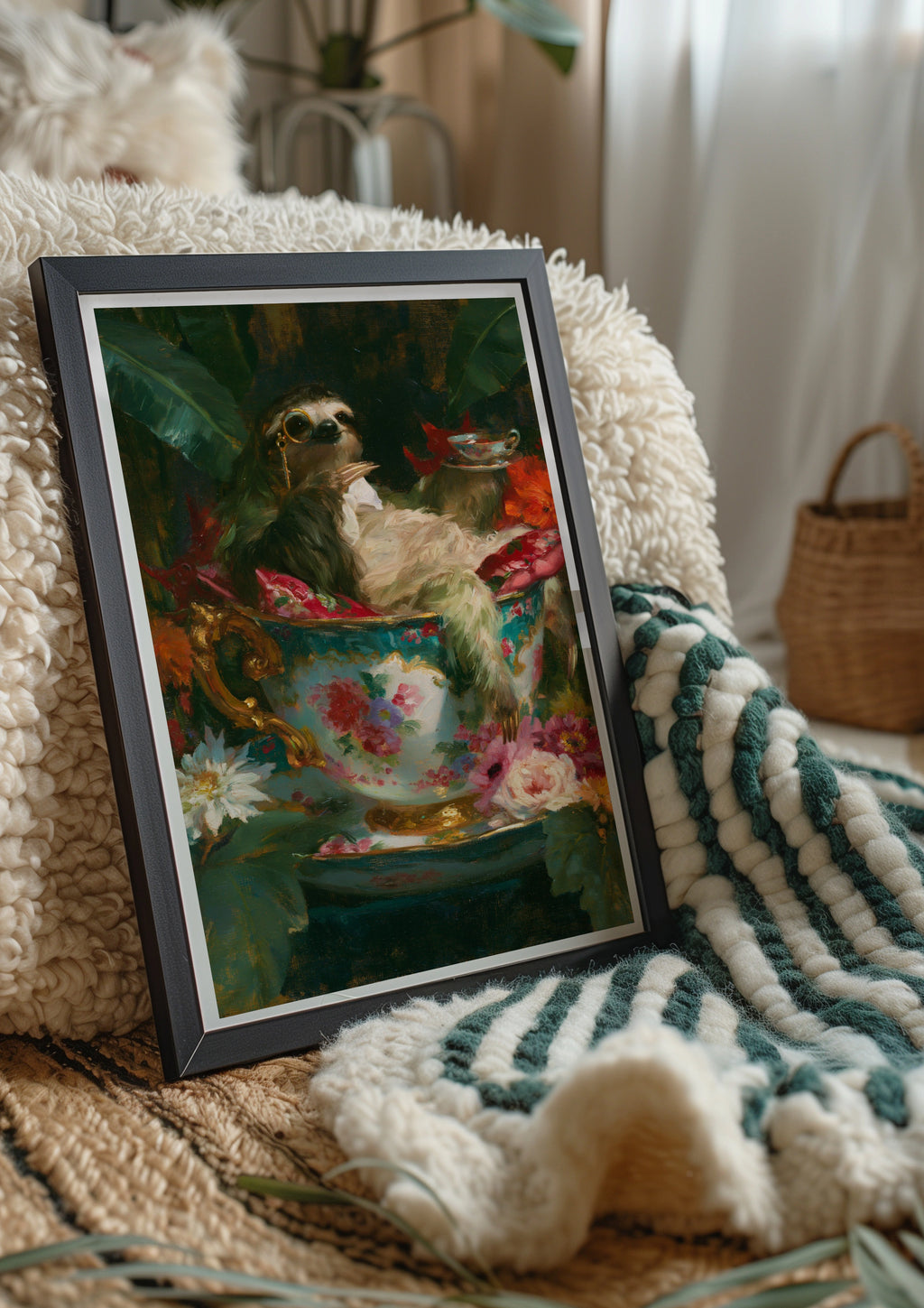 Sloth in Teacup Poster, Floral Oil Painting Style, Whimsical Animal Wall Art