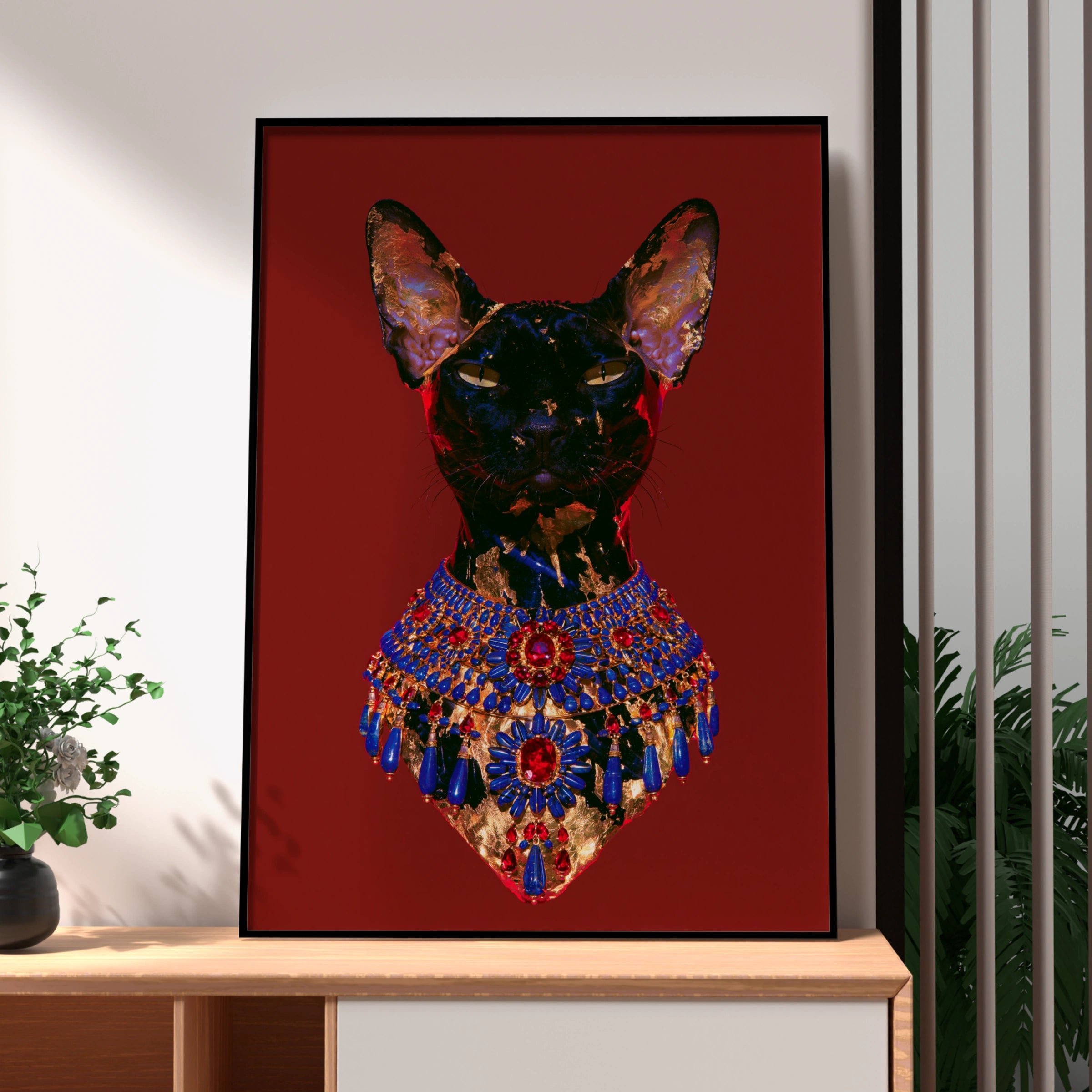 Bastet Egyptian Cat Goddess Poster, Dark Jewelled Art Print, Maximalist Wall Art