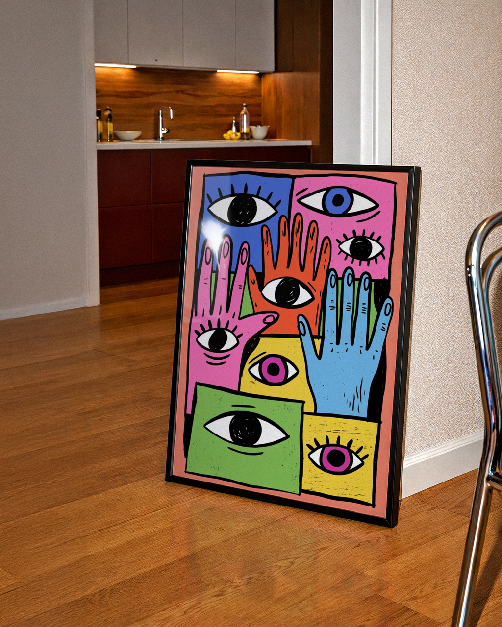 Hands and Eyes Wall Art Poster, Bold Colourful Maximalist Print