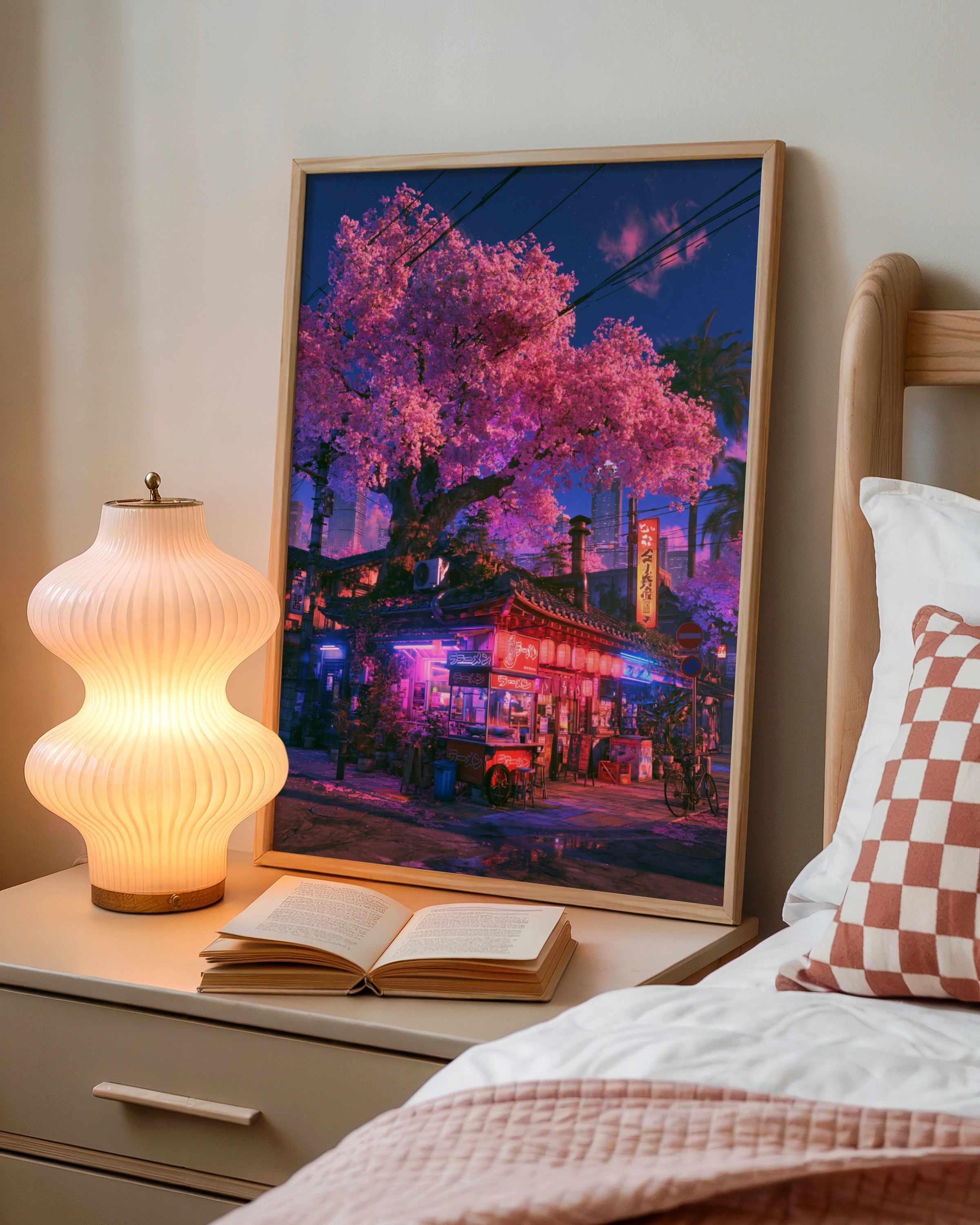 Japan Cherry Blossom Street Corner Poster, Neon Tokyo Night Art Print