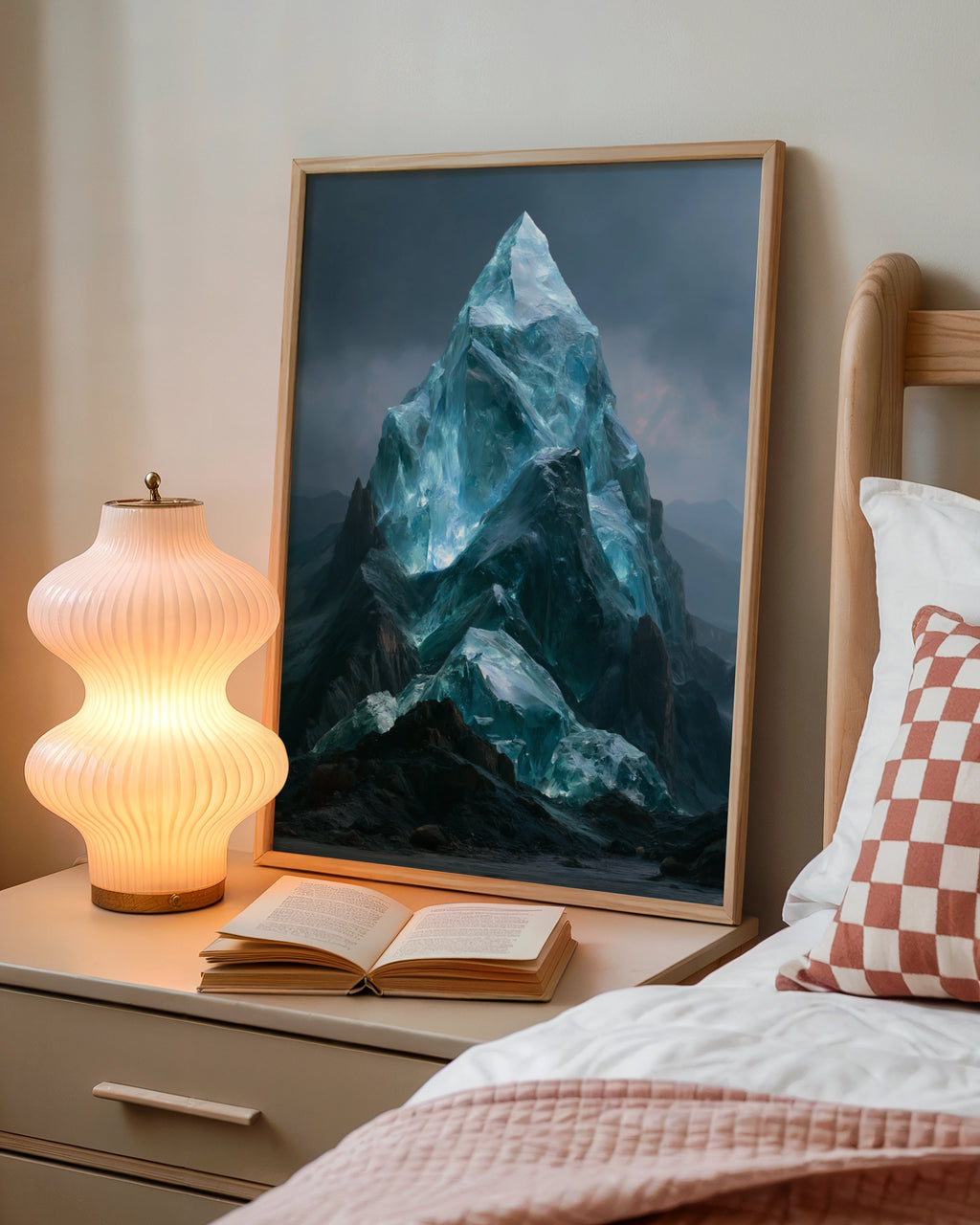 Crystal Mountain Poster, Glass Peak Fantasy Art, Teal Blue Wall Art Print