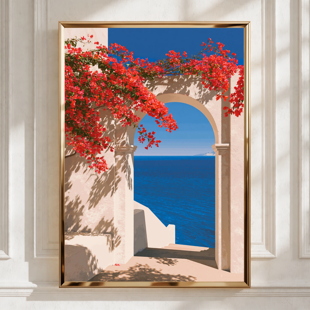 Mediterranean Arch Bougainvillea Poster, Coral Flowers Sea View Print