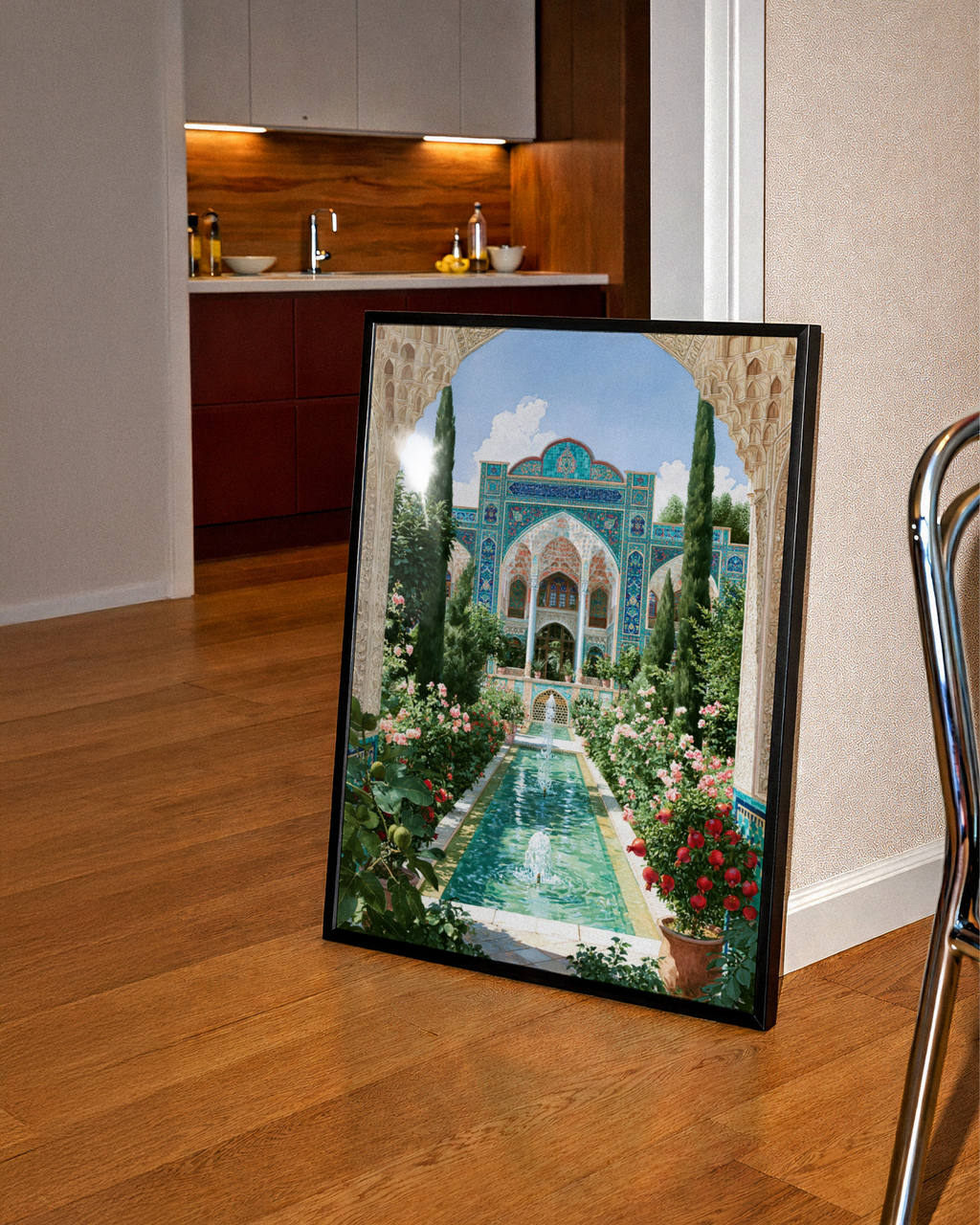 Persian Fountain Courtyard Poster, Islamic Architecture, Mosaic Garden Art Print
