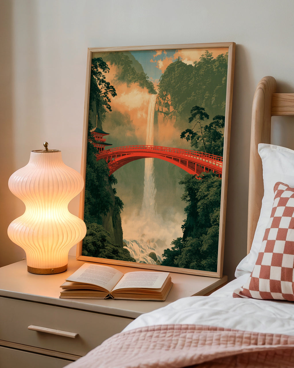 Red Bridge Waterfall Japan Poster, Japanese Pagoda Wall Art, Ukiyo-e Style Print