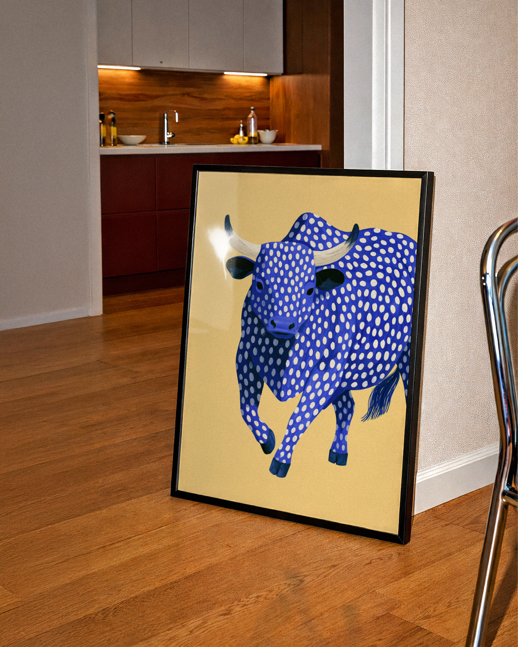Blue Polka Dot Bull Poster, Bold Animal Wall Art, Quirky Modern Print