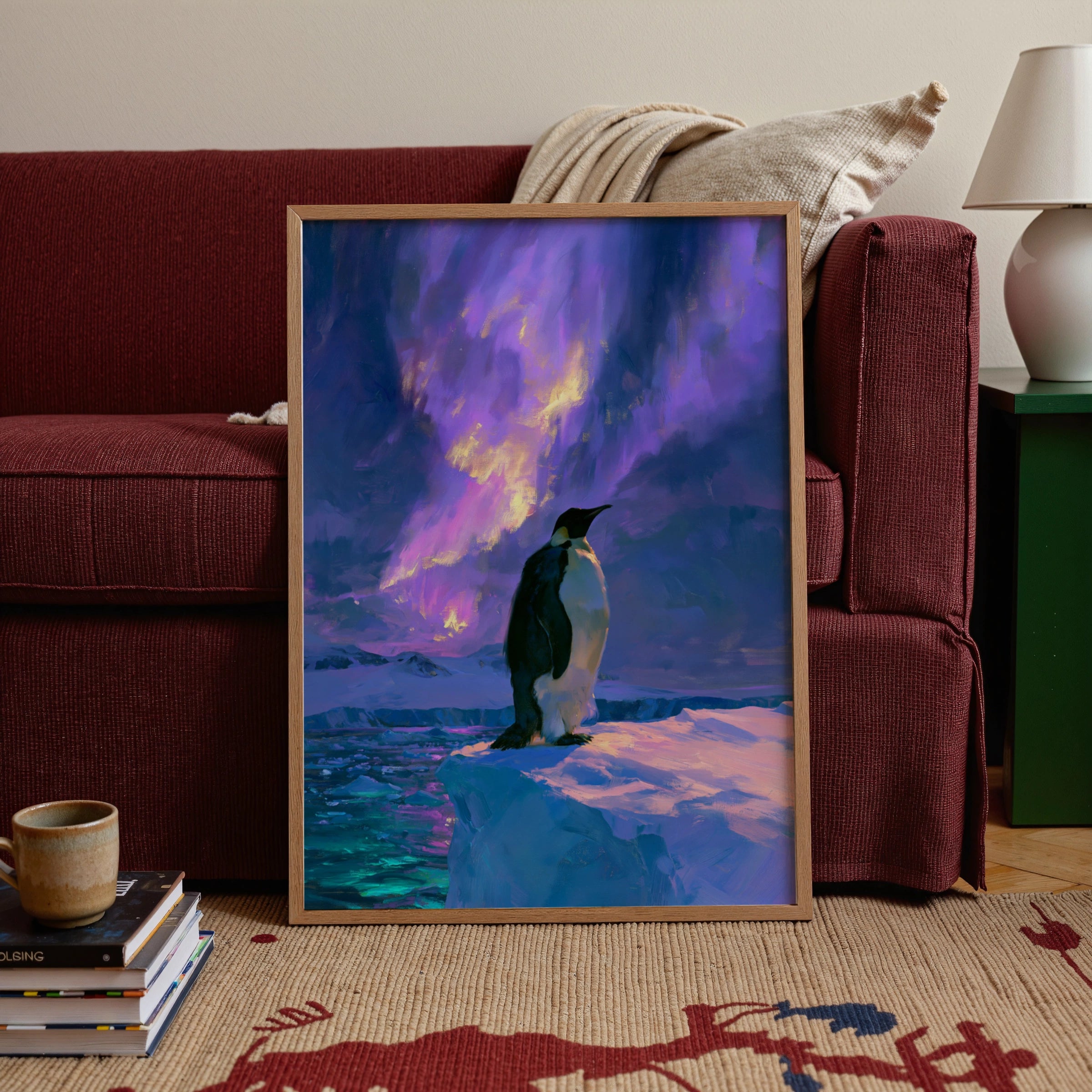 Penguin Aurora Borealis Poster, Antarctic Wildlife Art, Purple Northern Lights Print