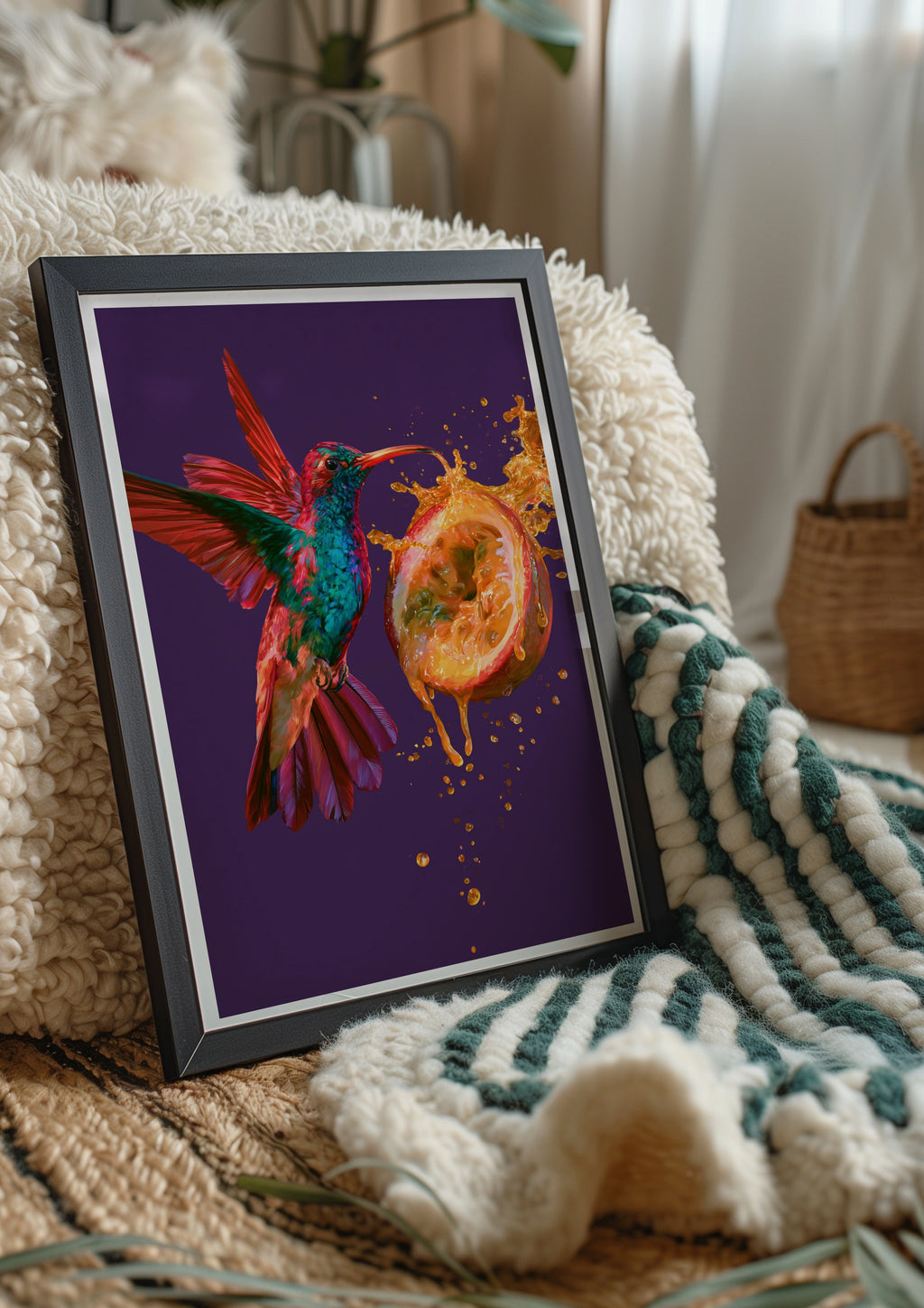 Hummingbird Passion Fruit Wall Art Poster, Vibrant Tropical Bird Print