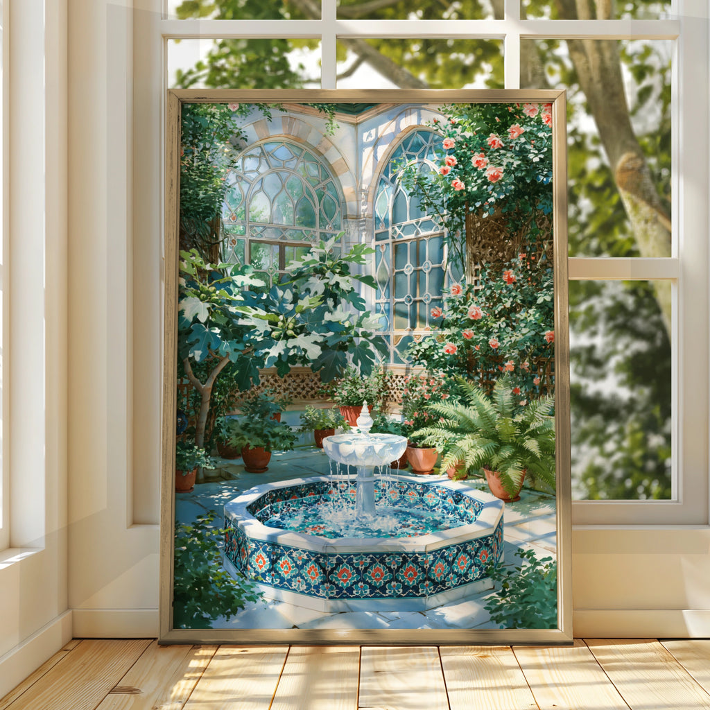 Fountain Courtyard Garden Poster, Moroccan Tile Art Print, Botanical Wall Art