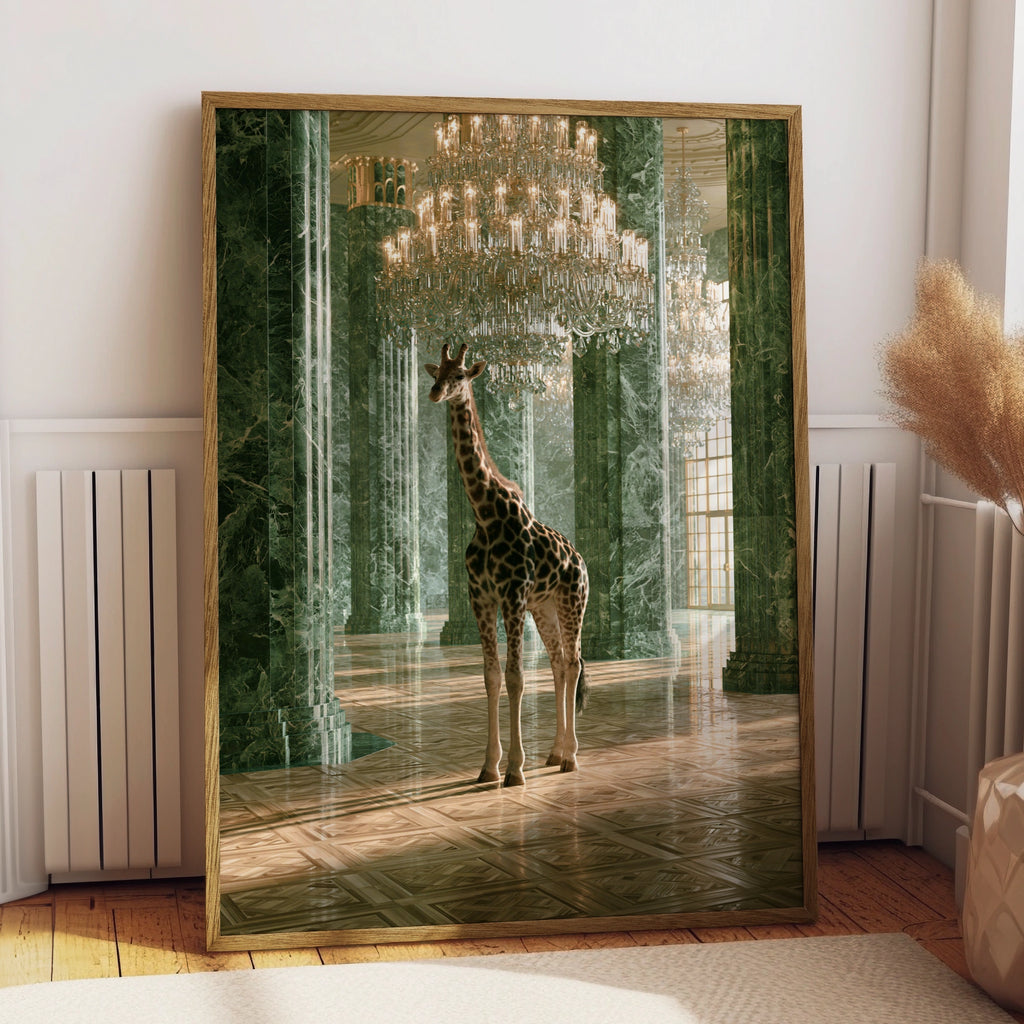Giraffe in Grand Marble Hall, Crystal Chandelier Poster, Surreal Animal Art