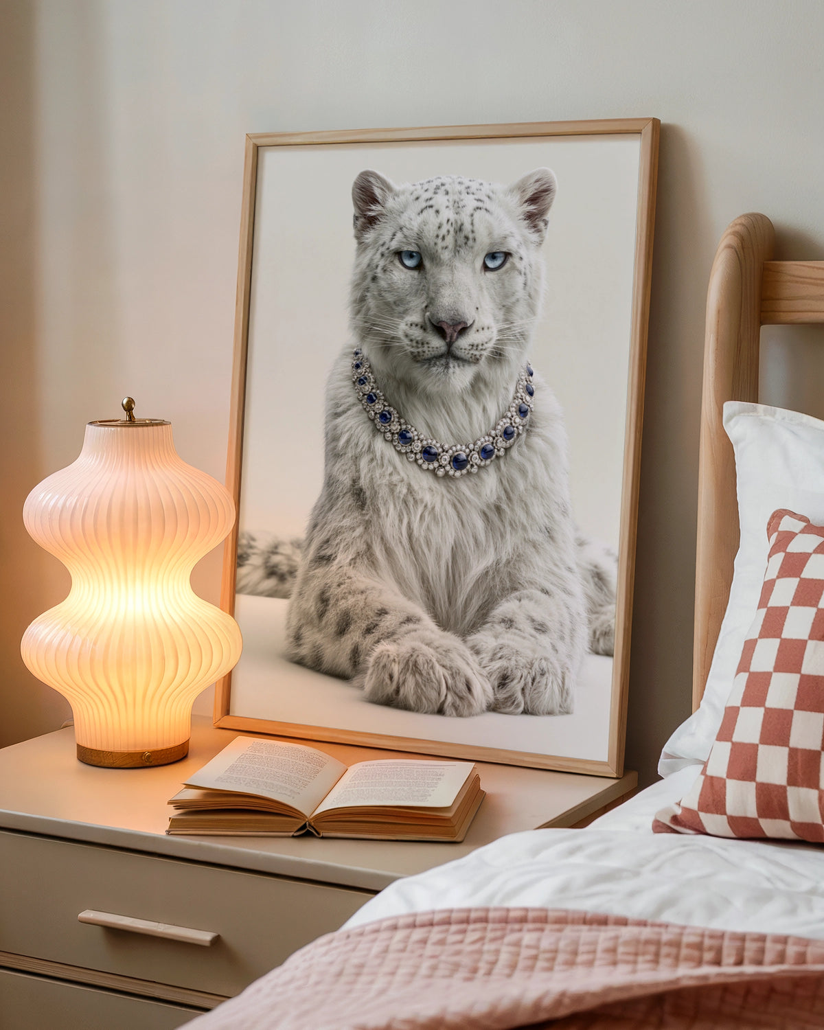 Snow Leopard Sapphire Necklace Wall Art Poster, Luxury Wildlife Print