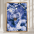 Roaring Tiger Chinoiserie Poster, Blue White Floral Wall Art Print