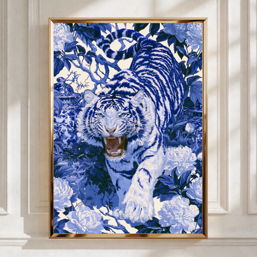 Roaring Tiger Chinoiserie Poster, Blue White Floral Wall Art Print