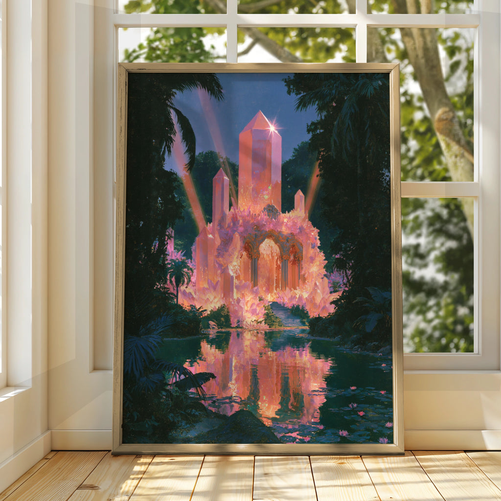 Crystal Temple Jungle Poster, Mystical Fantasy Art Print, Pink Glowing