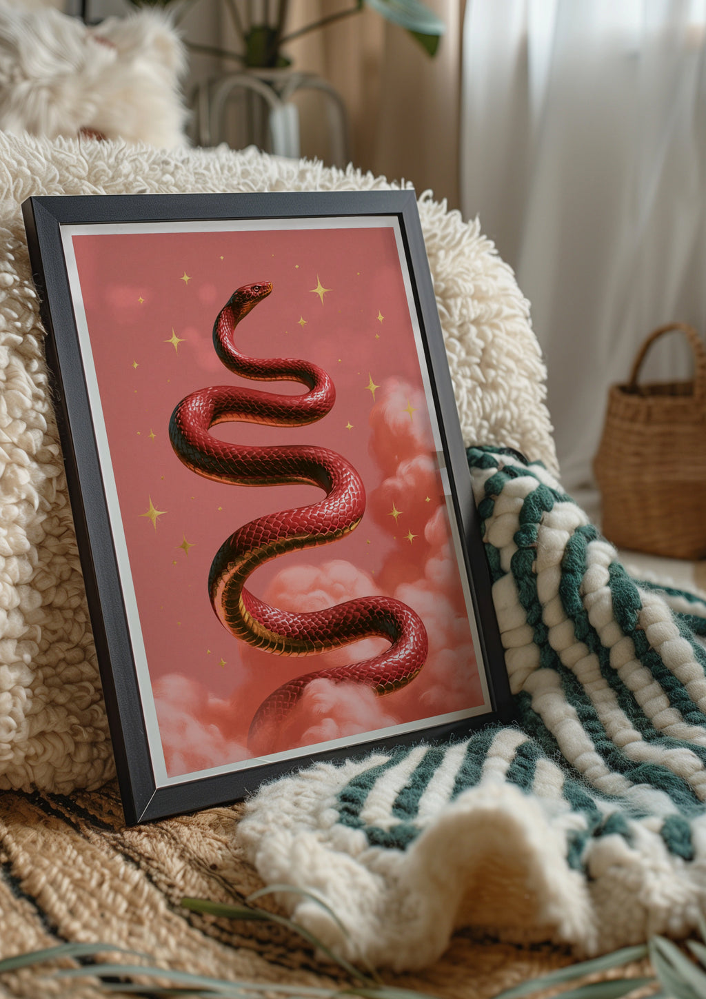 Red Snake Pink Clouds Poster, Celestial Serpent Wall Art, Mystical Print