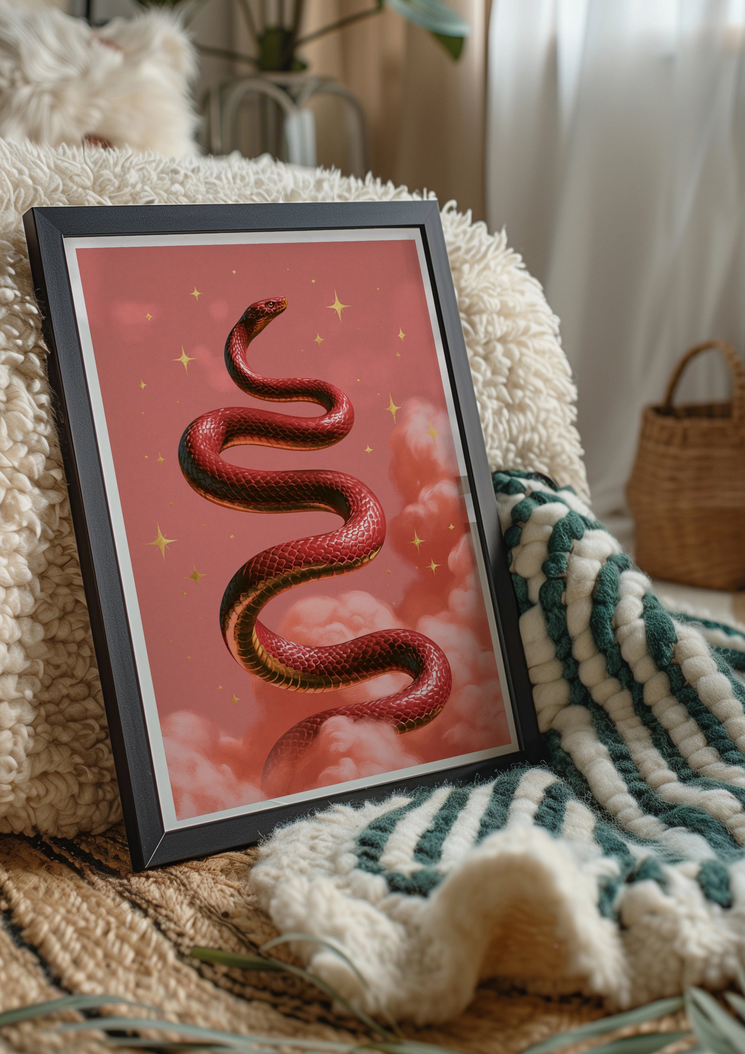 Red Snake Pink Clouds Poster, Celestial Serpent Wall Art, Mystical Print