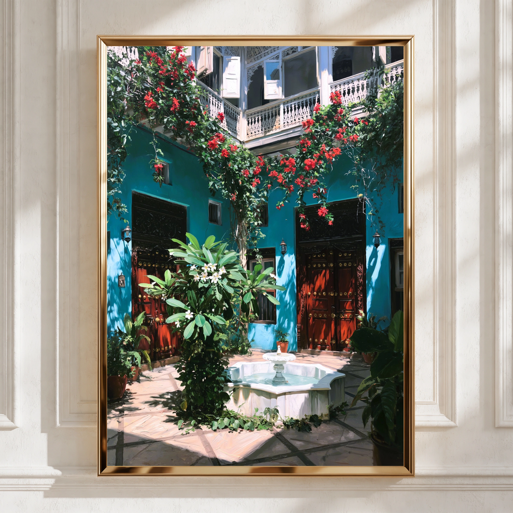 Zanzibar Courtyard Poster, Teal Riad Fountain Wall Art, Tropical Floral Print