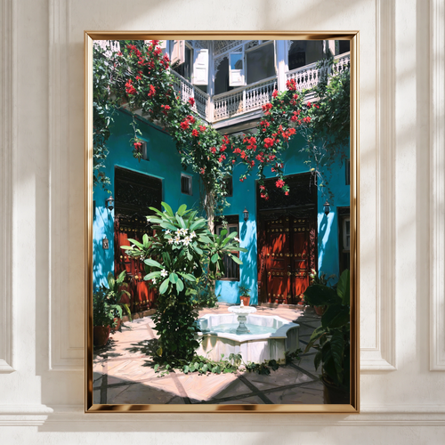 Zanzibar Courtyard Poster, Teal Riad Fountain Wall Art, Tropical Floral Print