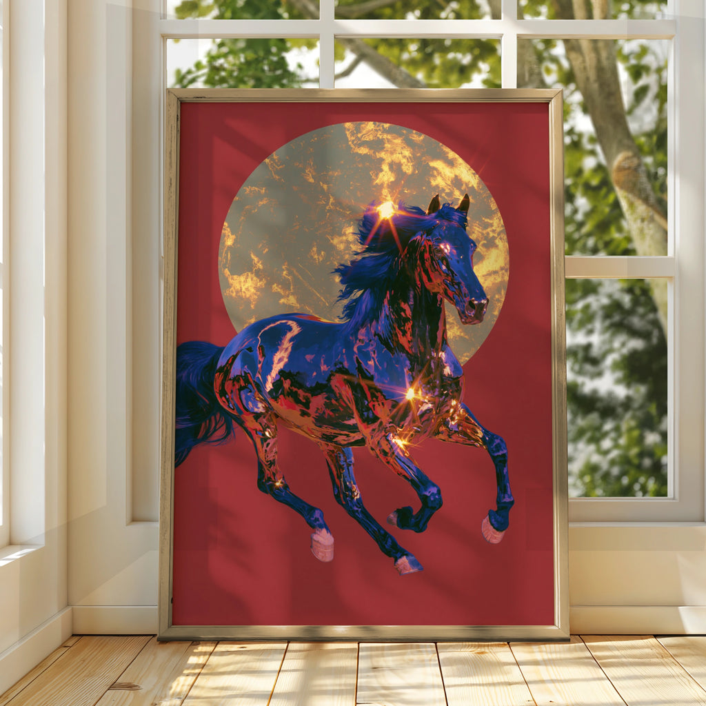 Chrome Horse Golden Sun Wall Art Poster, Red Bold Equestrian Print