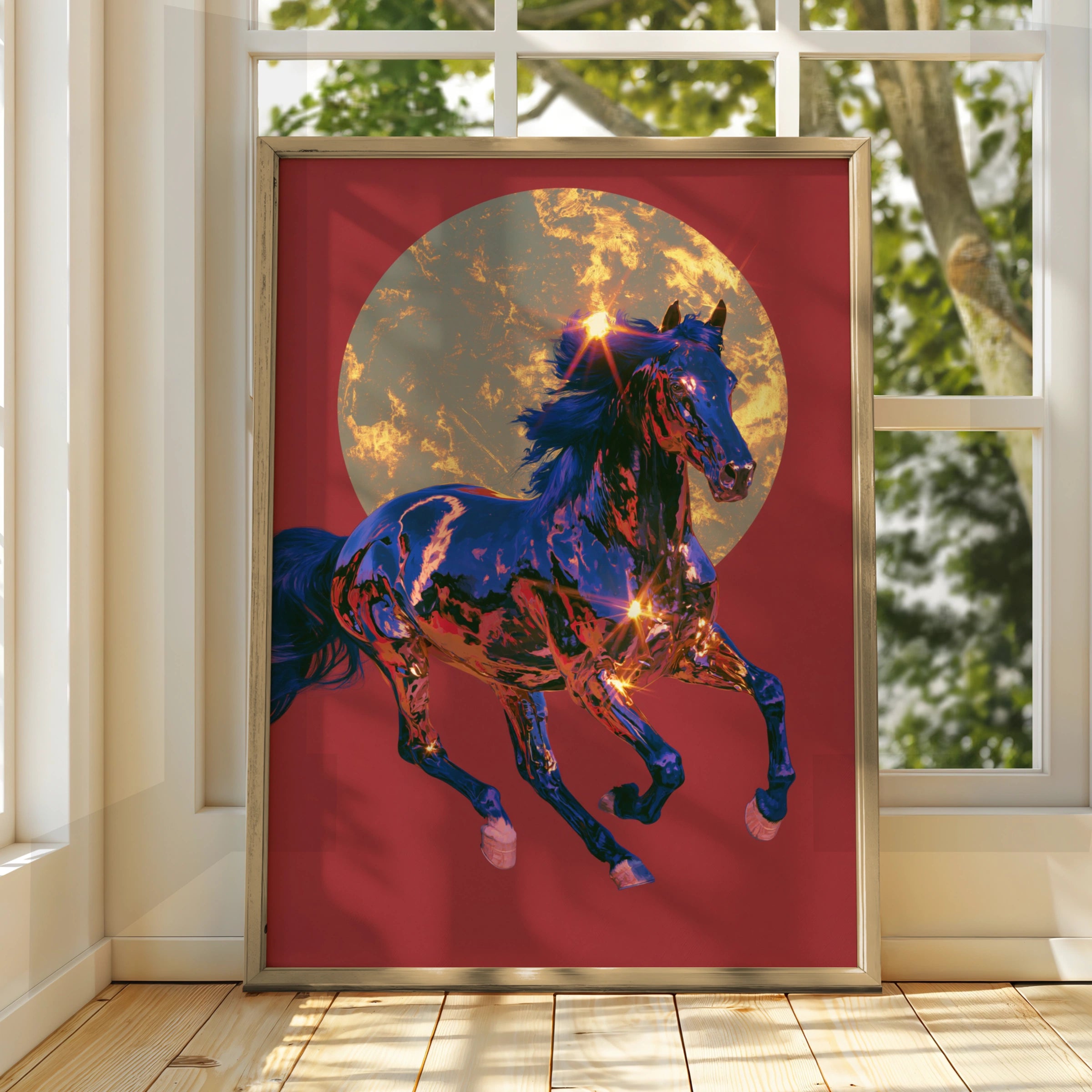 Chrome Horse Golden Sun Wall Art Poster, Red Bold Equestrian Print
