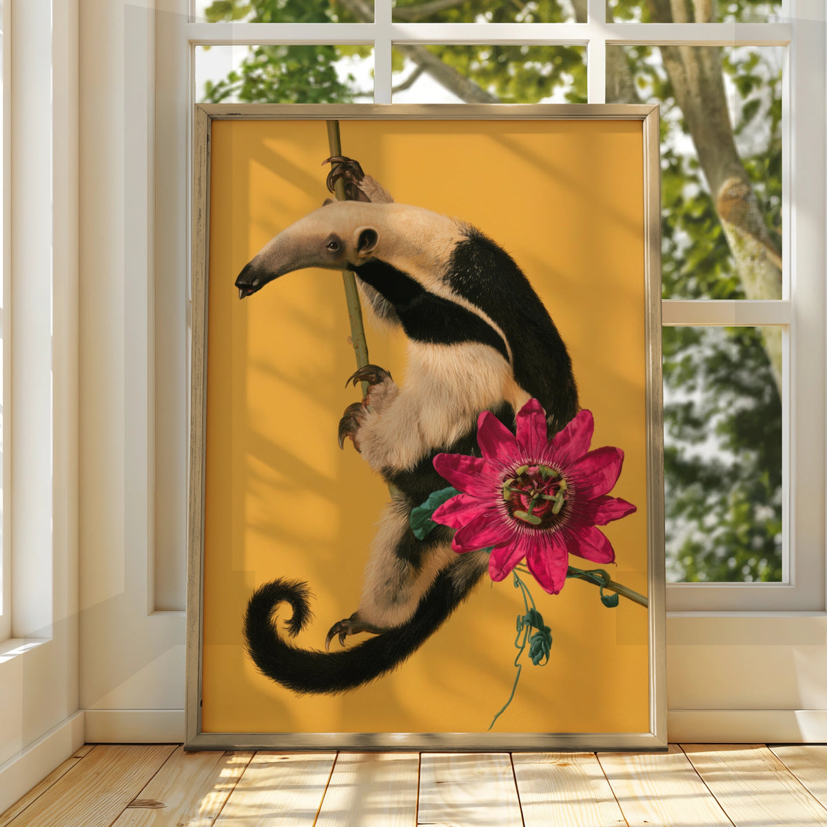 Tamandua Anteater Poster, Tropical Flower Wall Art, Yellow Bold Print