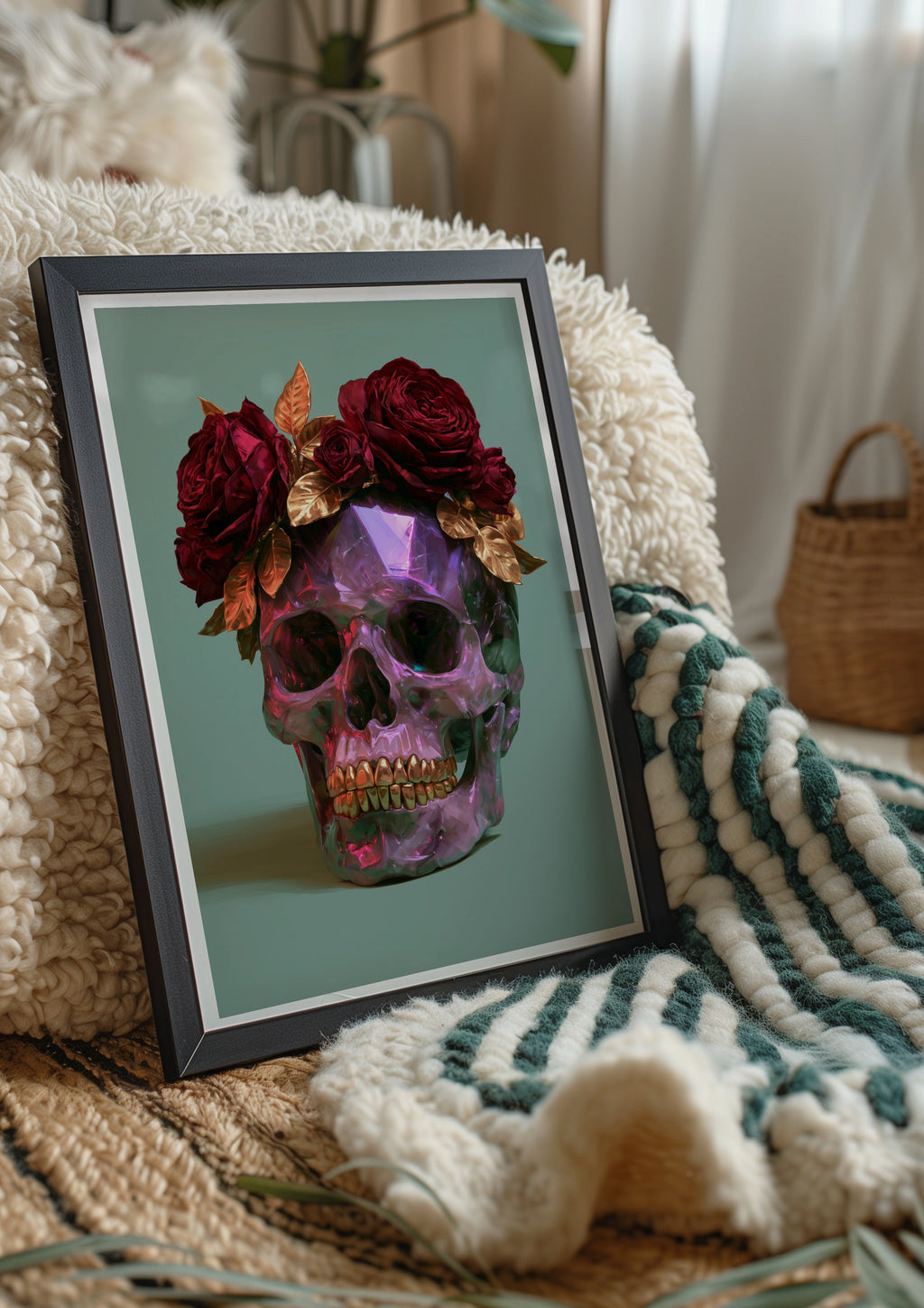 Amethyst Crystal Skull Red Roses Poster, Dark Floral Wall Art, Gothic Print