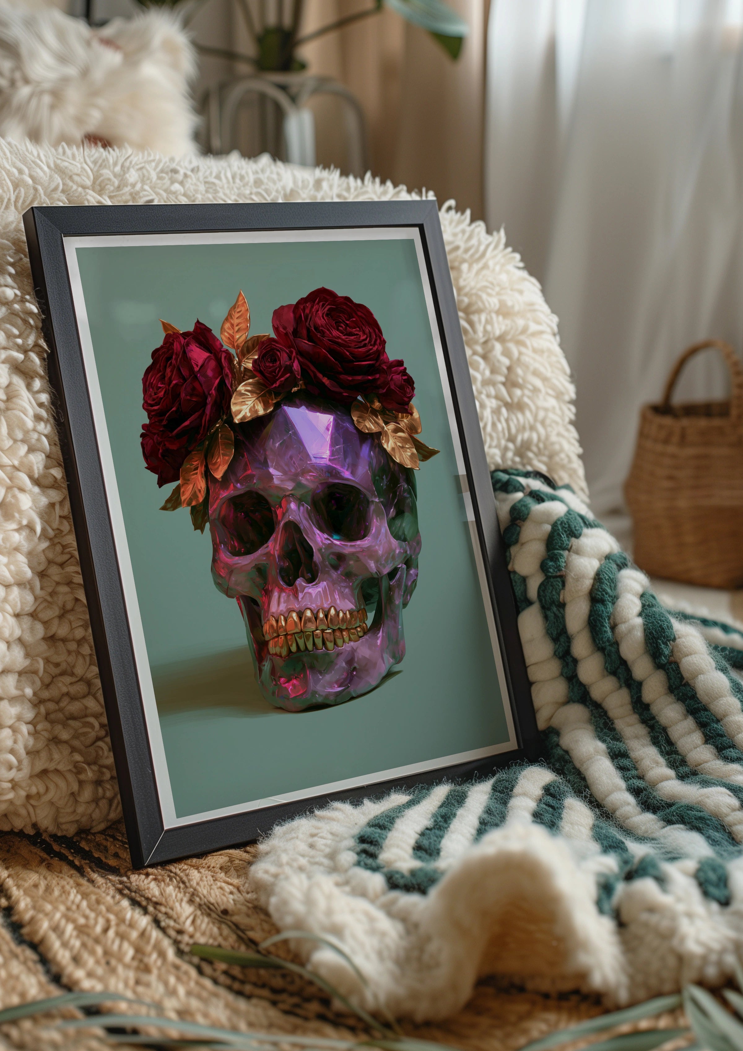 Amethyst Crystal Skull Red Roses Poster, Dark Floral Wall Art, Gothic Print