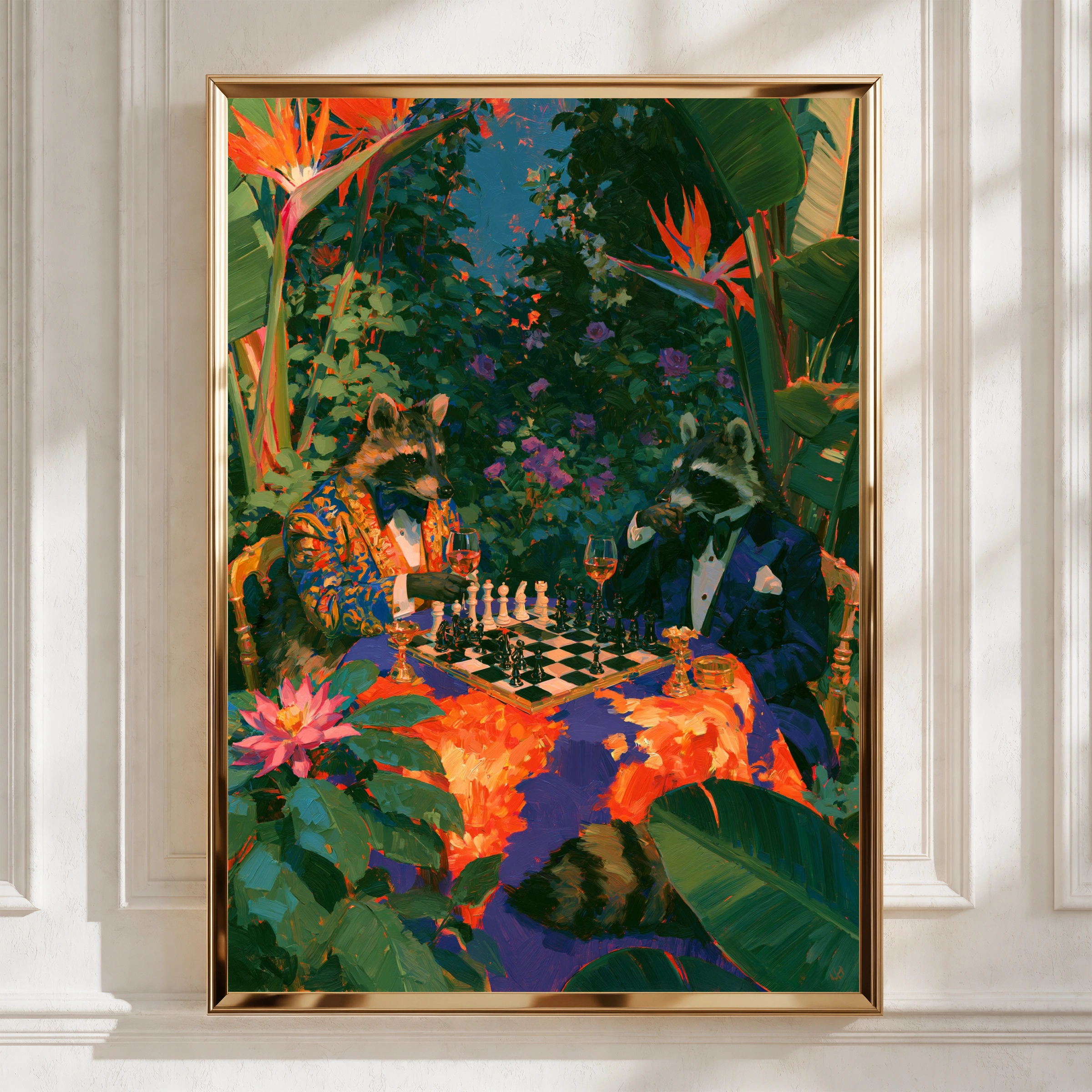 Raccoons Playing Chess, Tropical Garden Wall Art, Maximalist Animal Poster