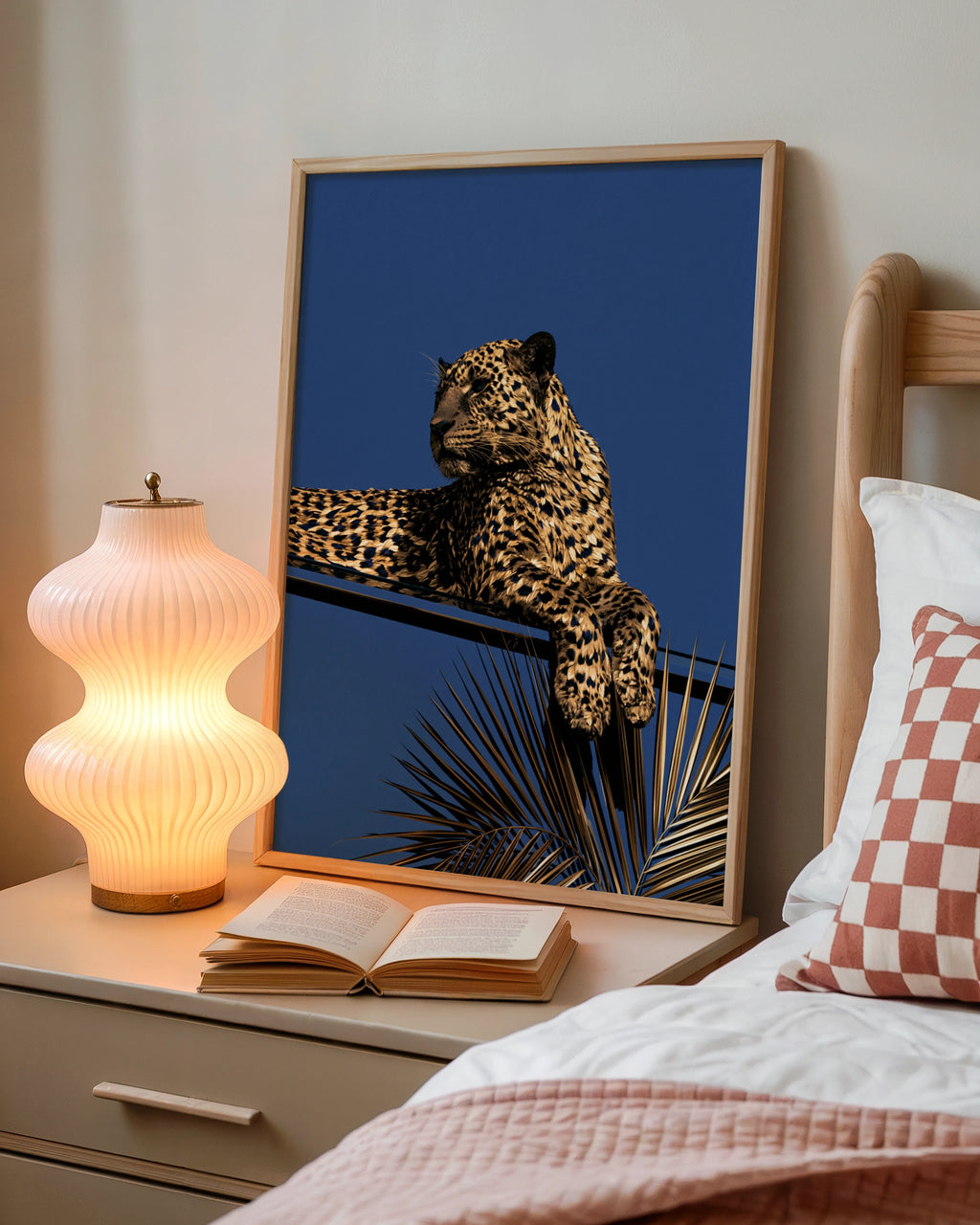 Gold Leopard Blue Sky Poster, Art Deco Wild Cat Print, Luxury Animal Wall Art
