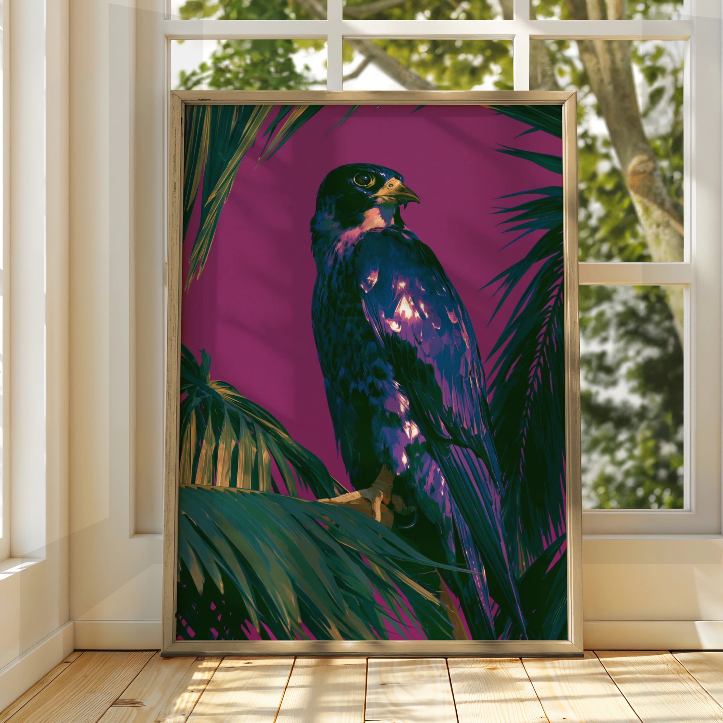 Falcon Purple Wall Art Poster, Bird of Prey Print, Tropical Illustrated Style