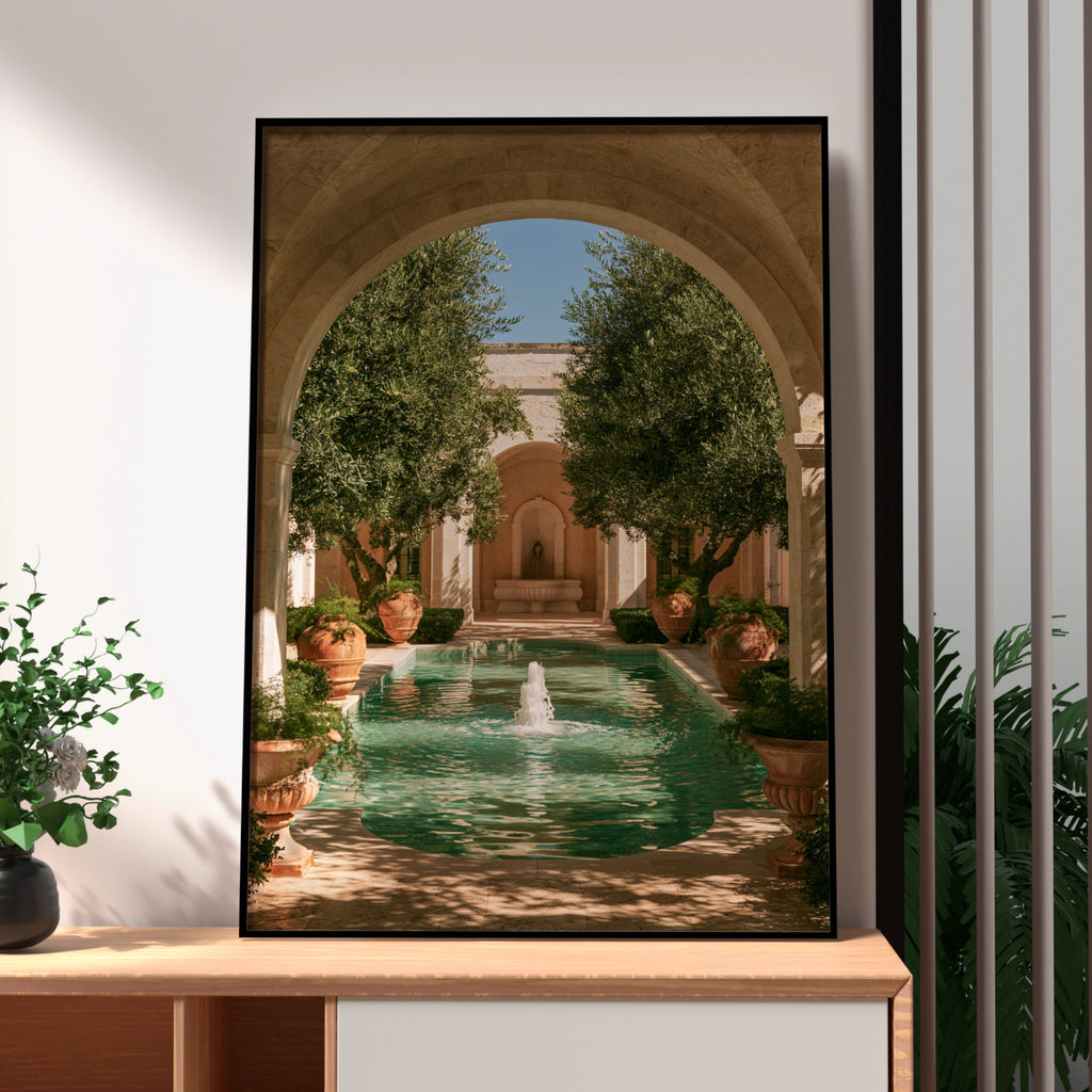 Italian Courtyard Olive Trees Poster, Stone Arch Fountain Wall Art Print