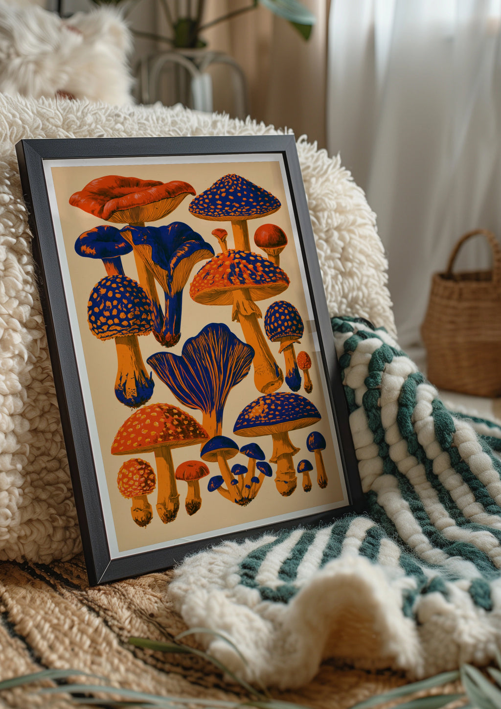 Mushroom Poster, Orange Blue Botanical Wall Art, Retro Fungi Print