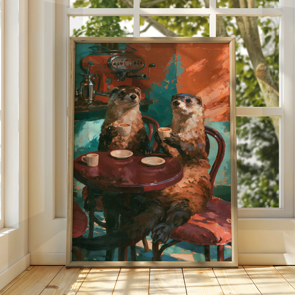 Otters Drinking Coffee Poster, Cafe Scene Wall Art, Oil Painting Style Print