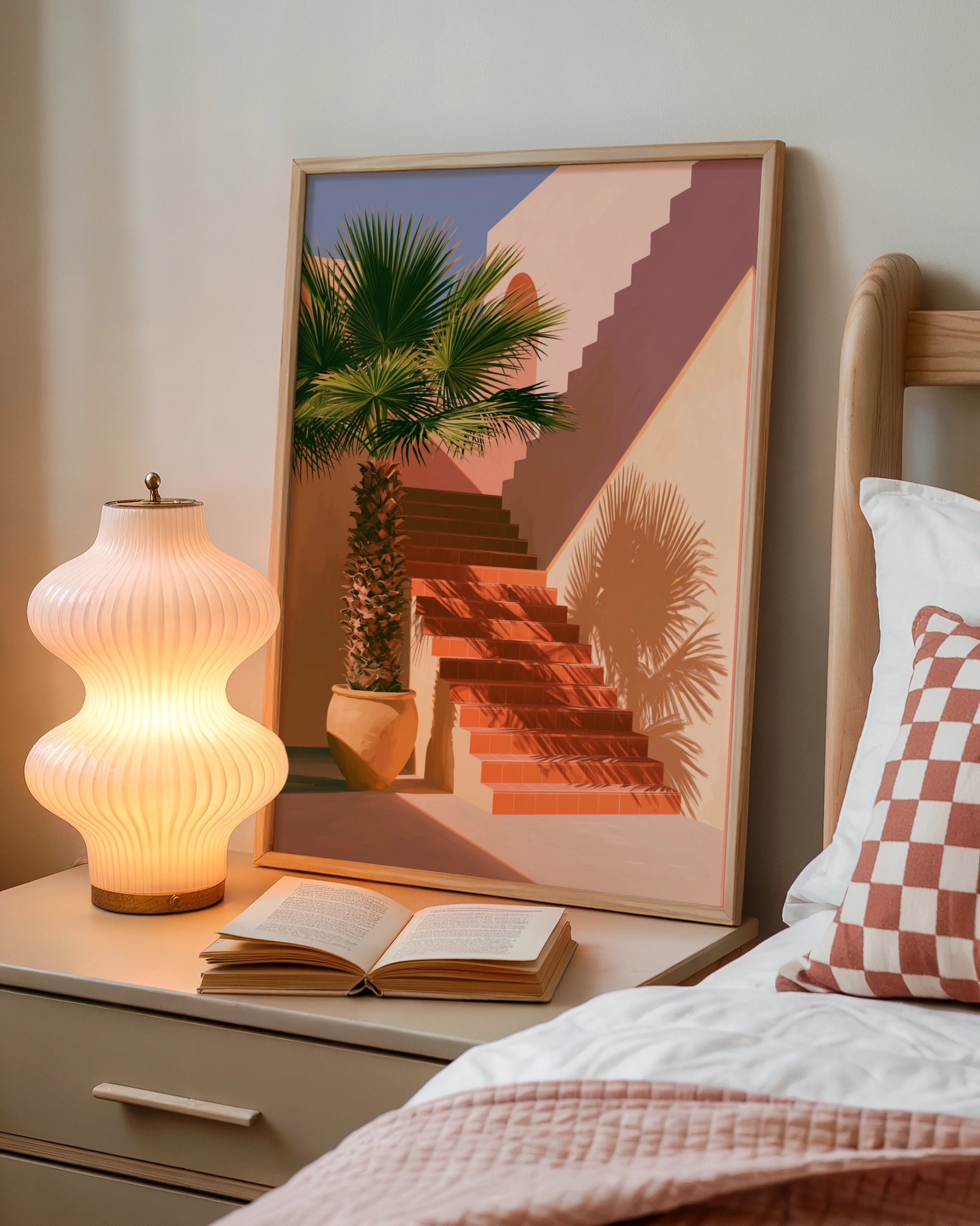 Palm Tree Staircase Poster, Mediterranean Architecture Print, Terracotta Sun Shadow Art